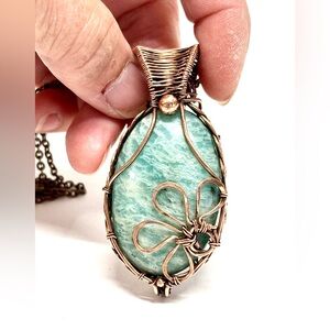 HAND CRAFTED Floral Amazonite Wire Wrapped Copper Pendant Necklace, Handmade